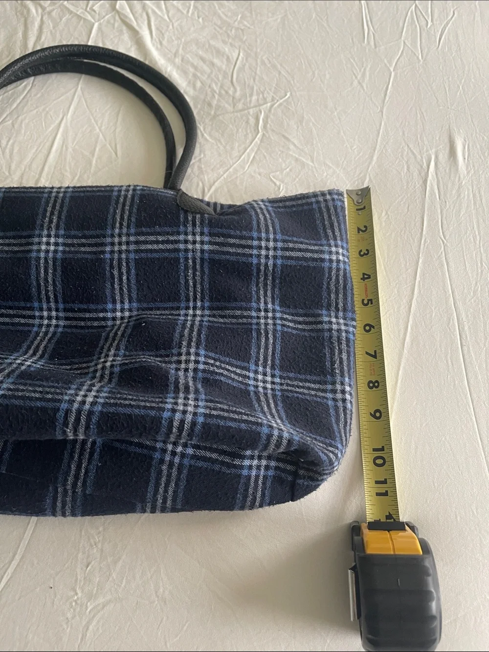 Plaid Navy Blue Tote Bag with Black Handles